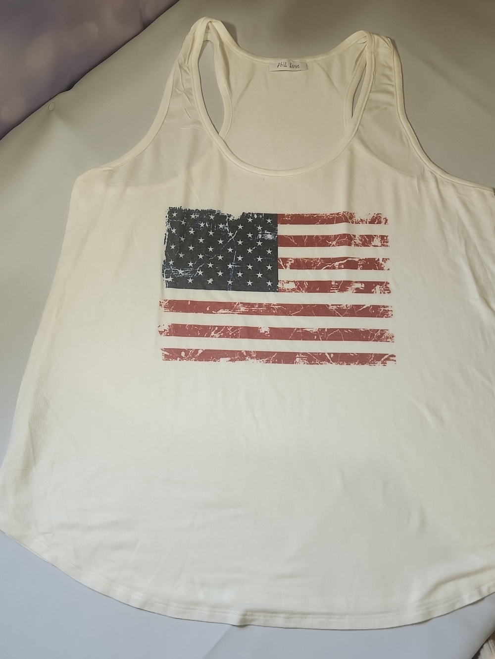 🐦 Phil Love Off White Tank, Buttery Soft, Distressed American Flag NWOT🇺